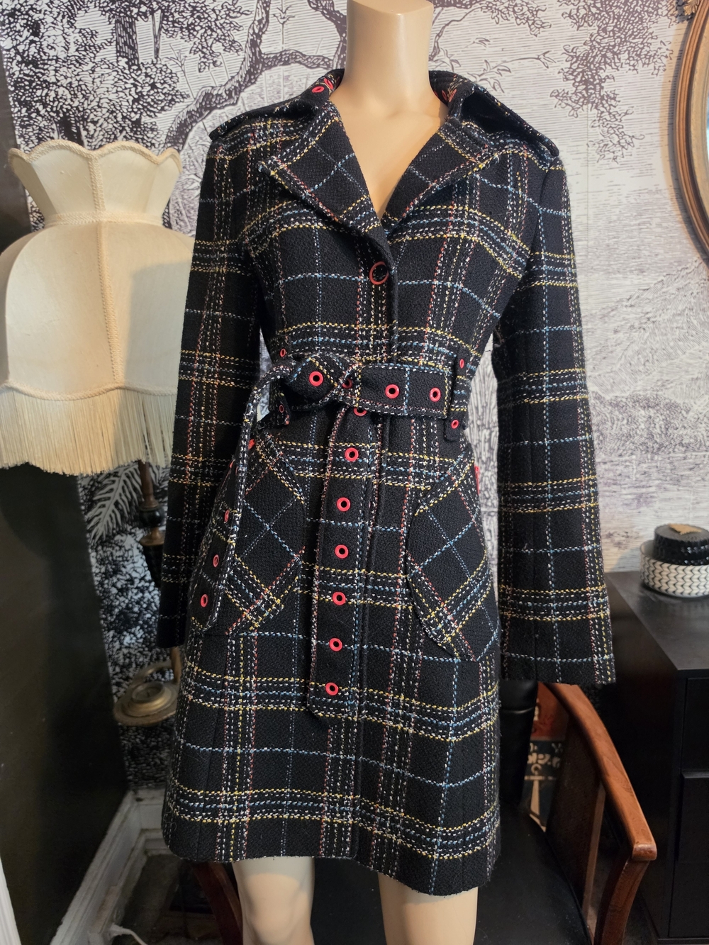 Vintage Guess Multicolored Plaid Belted Trench Coat
